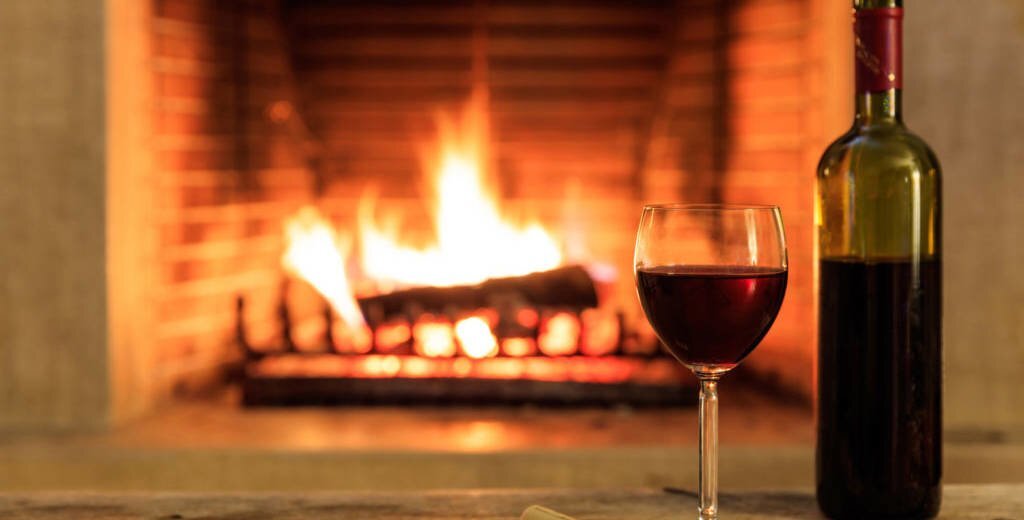 wine and fireplace